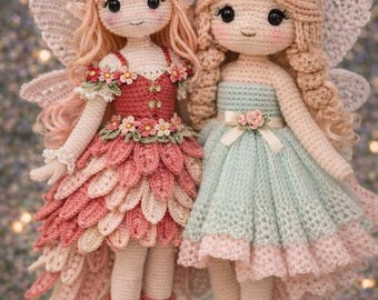 Paquete de 2 patrones de muñecas de hadas a crochet, PDF de amigurumi, hadas con vestidos de pétalos, patrón de muñeca de fantasía a crochet (descarga instantánea en inglés)