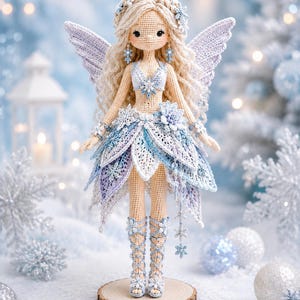 Könnte beinhalten: Eine gehäkelte Feenpuppe mit langem blondem Haar, die ein blau-weißes Outfit mit Schneeflockenmotiven trägt. Die Puppe hat einen Rock aus spitzenartigen Blütenblättern, hohe Schnürstiefel und große Flügel, alles gefertigt aus feinem Garn in Blau-, Weiß- und Lavendeltönen.
