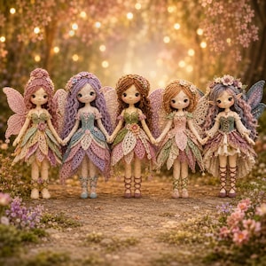 May include: Five handcrafted crochet dolls standing in a row, each featuring intricate yarn hair, detailed lace-like dresses in pastel and earth tones, and delicate wings. The dolls are linked by their hands, showcasing varied hair colors and floral accents.