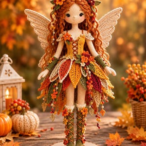 Pode incluir: Uma boneca de crochê com longos cabelos ondulados cor de mogno adornados com pequenas flores, vestindo um corpete amarelo e uma saia feita de folhas de tecido em camadas em tons de vermelho, laranja e verde, asas cor de creme e botas verdes.