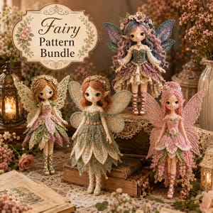Puede incluir: Cuatro muñecas hadas tejidas a ganchillo con alas de encaje intrincadas y vestidos inspirados en flores en tonos rosa, verde y azul. Un letrero decorativo en la esquina superior izquierda presenta el texto Fairy Pattern Bundle en letra elegante.