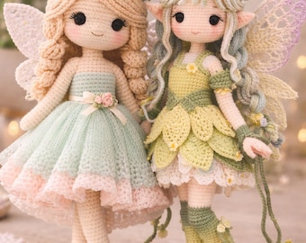 Paquete de 2 patrones de muñecas de hadas a crochet, PDF de amigurumi, hadas con vestidos de pétalos, patrón de muñeca de fantasía a crochet (descarga instantánea en inglés)