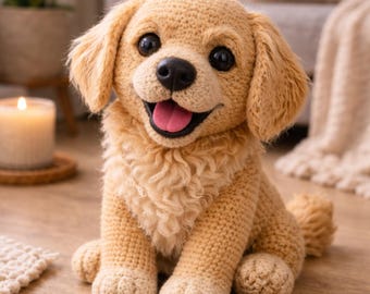 Patrón de ganchillo en PDF para cachorro dorado, patrón realista de perro amigurumi, peluche de cachorro adorable, tutorial de ganchillo para perro esponjoso, descarga instantánea.