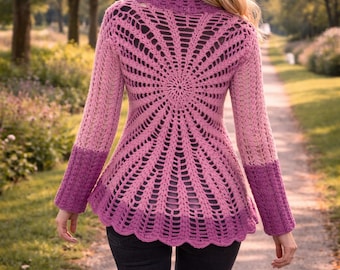 Bolero circular de ganchillo Spring Thaw - Espalda de mandala rosa empolvado, chal circular de encaje hecho a mano, cárdigan ligero de ganchillo para mujer