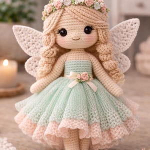 Pode incluir: Uma boneca de fada de crochê feita à mão com cabelo loiro, bochechas rosadas e uma coroa de flores. A boneca usa um vestido verde menta e rosa com asas combinando. Um item decorativo charmoso e caprichoso.