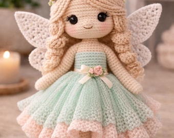 Patrón de ganchillo en PDF para muñeca Hada Flor – Tutorial de amigurumi de hada con alas, vestido y cabello – Patrón de muñeca hecha a mano de 25 cm