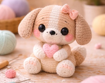 Patrón de crochet para un lindo cachorro con un corazón (PDF), tutorial de perro amigurumi kawaii de peluche, cachorro con lazo, descarga digital instantánea.