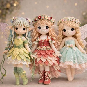 Puede incluir: Tres muñecas de hadas hechas a mano con ganchillo. Cada muñeca tiene un peinado único, una corona floral y vestidos detallados en forma de pétalos en tonos amarillos, rojos y azules. Tienen alas delicadas y llevan botas a juego. Las muñecas están juntas.