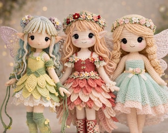 Paquete de patrones de muñecas de hadas a crochet 3 en 1, PDF de muñecas amigurumi, colección de hadas de temporada, multilingüe con descarga instantánea en inglés.