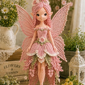 Puede incluir: Una muñeca de hada de ganchillo hecha a mano con pelo, alas y vestido rosas. La muñeca tiene una corona de flores y está sobre una base de madera. El hada está rodeada de flores y vegetación.