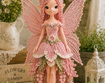Patrón de muñeca de ganchillo Hada Flor Rosa, tutorial en PDF de Hada Amigurumi, muñeca de hada floral, patrón de ganchillo de princesa de fantasía