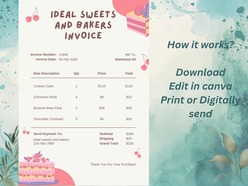 Editable Bakery Invoice Template, Small Business Receipt (canva PDF ...