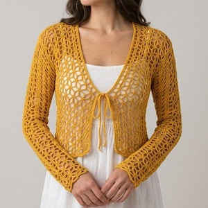 花柄レースのクロシェカーディガンパターン｜軽量サマートップパターン｜ボヘミアン風ベルスリーブトップ｜動画ガイド付き簡単クロシェトップパターン