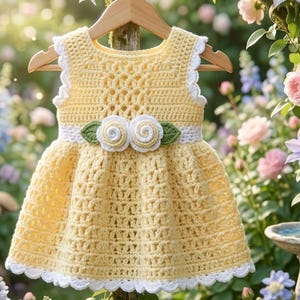 May include: A handmade yellow crochet dress with white lace trim and a floral accent. The dress is hanging on a wooden hanger against a backdrop of flowers and greenery, showcasing the delicate craftsmanship.