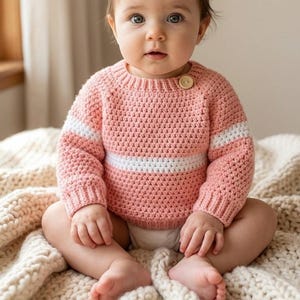 May include: A baby wearing a pink crochet sweater with white stripes on the sleeves and chest. The sweater has a wooden button closure at the shoulder. The baby is sitting on a cream-colored knitted blanket.