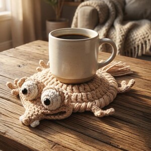 May include: A beige ceramic mug filled with dark coffee sits on a handmade, crocheted monster-shaped coaster. The coaster has large, googly eyes and a whimsical design. The mug and coaster are on a rustic wooden table.