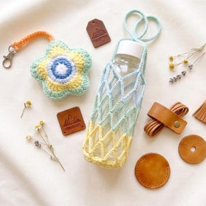 Crochet Flower Keychain Pattern | Transformable Cup Holder PDF | No Sew Water Bottle Carrier | 2 in 1 Crochet Patterns With Video Guide image 2