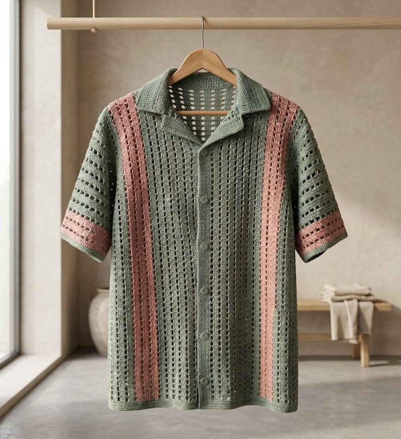 Patrón de camisa de ganchillo unisex / Top clásico de verano costero en PDF / Patrón de camisa de ganchillo con botones y vídeo / Patrón de polo de ganchillo imagen 1