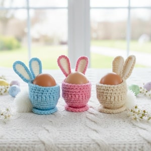 Op de afbeelding: Drie handgemaakte gehaakte eierhouders in pastelkleuren: blauw, roze en crème. Elke houder heeft konijnenoren en een bruin ei. De houders staan op een wit, getextureerd oppervlak, met paasdecoraties op de achtergrond.