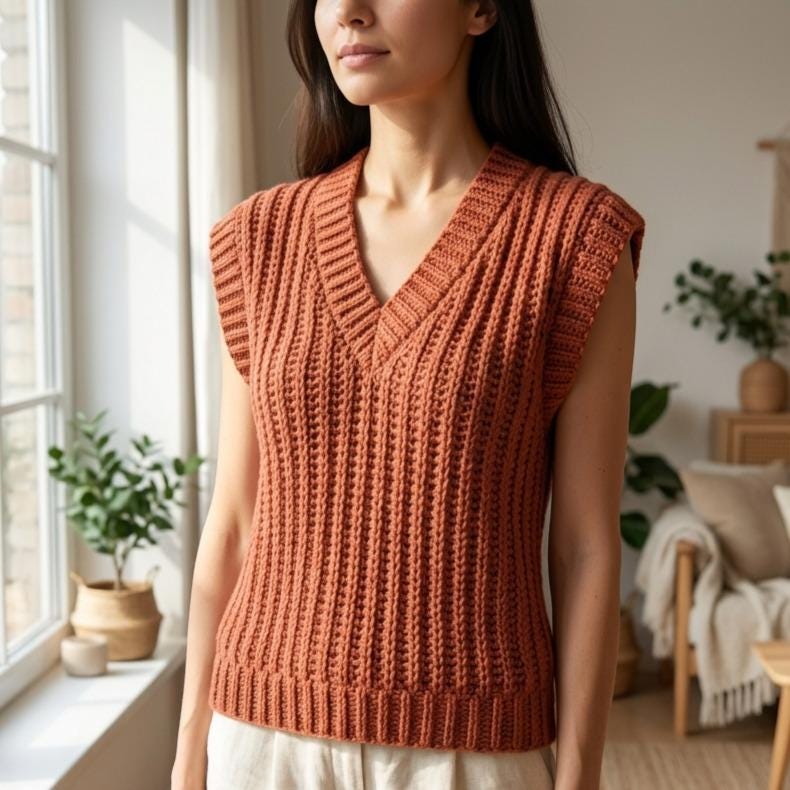 Ribbed V-Neck Sweater Vest Crochet Pattern