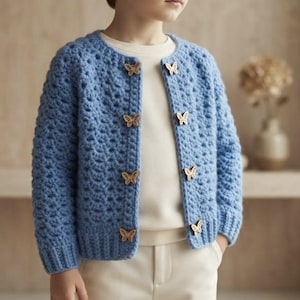 Puede incluir: Una chaqueta de punto de ganchillo azul claro de manga larga con un patrón texturizado y cuatro pares de botones de madera en forma de mariposa en la parte delantera. La prenda se lleva sobre una camisa color crema y pantalones claros.
