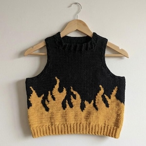 Modèle de gilet pull flamme au crochet | Motif de gilet pour hommes Tapestry Colorwork | Patron de haut unisexe PDF | Patron de chemise au crochet avec guide vidéo
