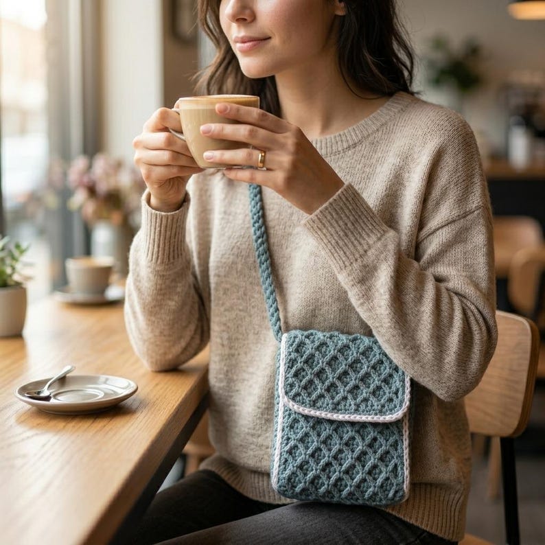 May include: A blue-green crochet crossbody bag with a diamond-patterned texture and a white-trimmed flap. The bag features a matching braided strap and is worn over a beige long-sleeved jumper, providing a compact storage solution for daily use.