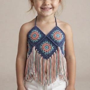 Daisy Granny Square Baby Crochet Top Pattern, Toddler Halter Crochet Top PDF, Boho Fringe Top Crochet Pattern 2-3 Years,
