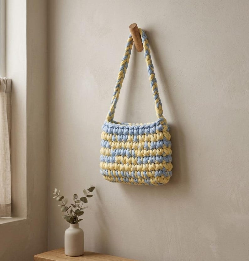 May include: A handmade, small, square-shaped crochet bag in alternating rows of light blue and yellow yarn. The bag hangs from a wooden peg on a neutral-colored wall. The strap is also crocheted in the same color pattern.