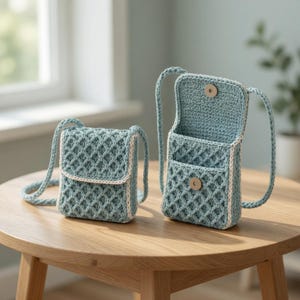 May include: Two light blue crochet crossbody bags with a diamond pattern and white trim. One bag is closed with a flap, while the other is open, revealing a single compartment and a circular metal snap button closure on the front flap.