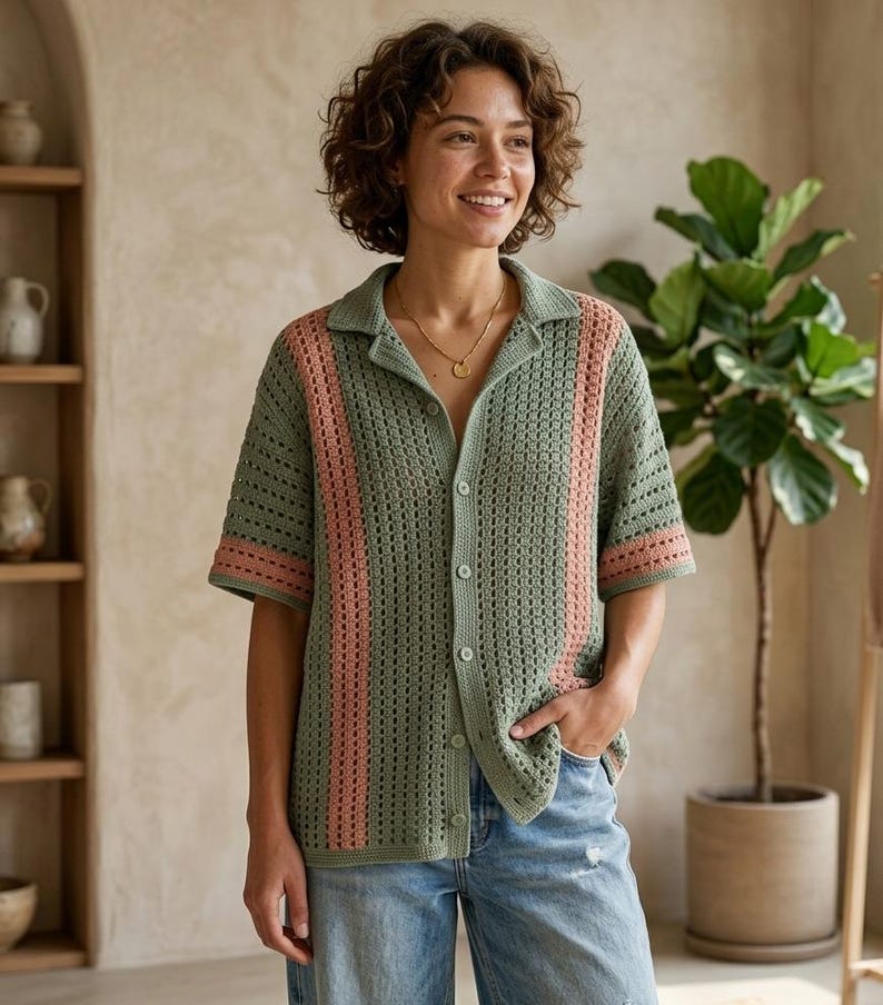 Puede incluir: Una camisa verde de ganchillo con mangas cortas y cuello. La camisa presenta rayas verticales en color rosa claro en la parte delantera. La camisa est&aacute; abotonada y se usa con vaqueros azules.