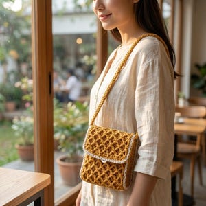 May include: A mustard yellow crochet crossbody bag featuring a diamond-patterned texture, a fold-over flap with a central silver-toned button closure, and a matching thick crocheted shoulder strap, worn over a light beige linen-textured shirt.