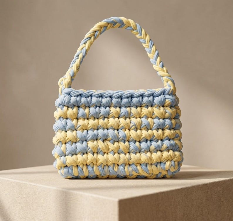 May include: A small, handmade tote bag in a woven design. The bag features alternating horizontal stripes of light blue and yellow. The handle is a braided design in matching colors. The bag is sitting on a light brown surface.