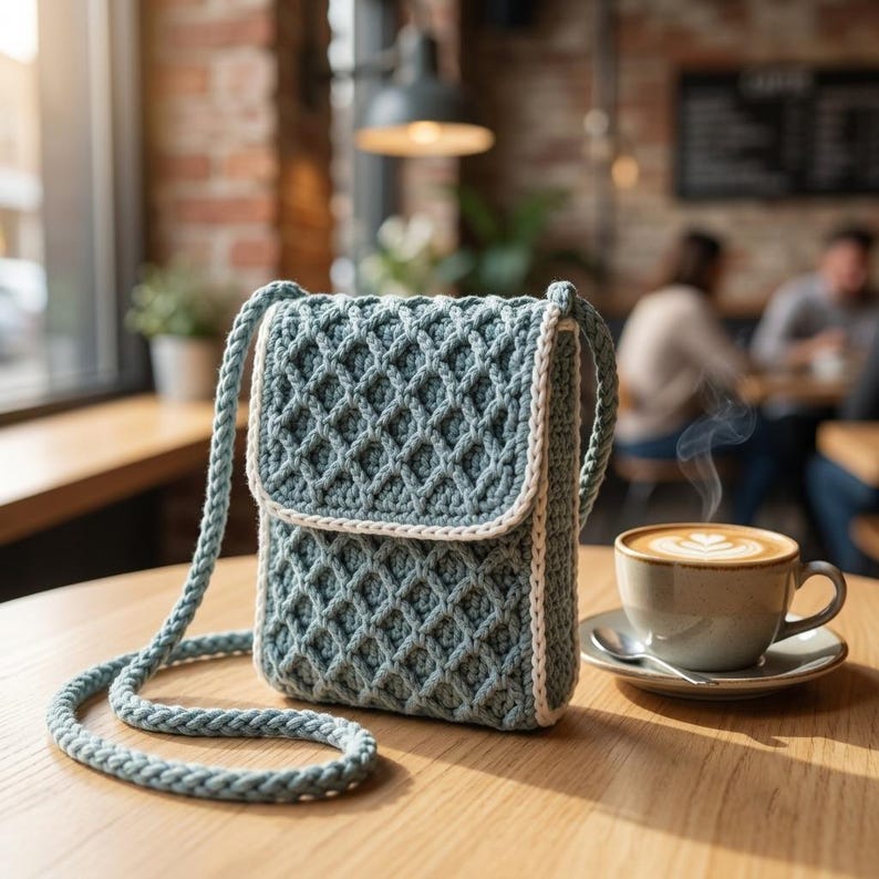 May include: A dusty blue crochet crossbody bag featuring a textured diamond pattern and a thick braided shoulder strap. The bag is finished with a clean white trim along the edges of the flap and the main body, creating a structured rectangular shape.