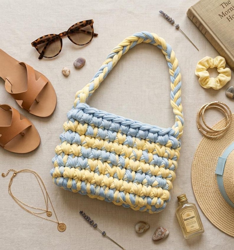 May include: A handmade, blue and yellow crochet bag with a braided handle, paired with sunglasses, sandals, jewelry, and a straw hat. The bag's design features alternating rows of blue and yellow yarn, creating a textured pattern. Other accessories include a scrunchie and a bottle of sunscreen.