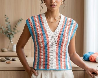 Crochet Summer Blouse Pattern | Beginner Crochet V-Stitch Top PDF with Video Guide | Easy Striped Beach Cover Up | Crochet Sweater Pattern