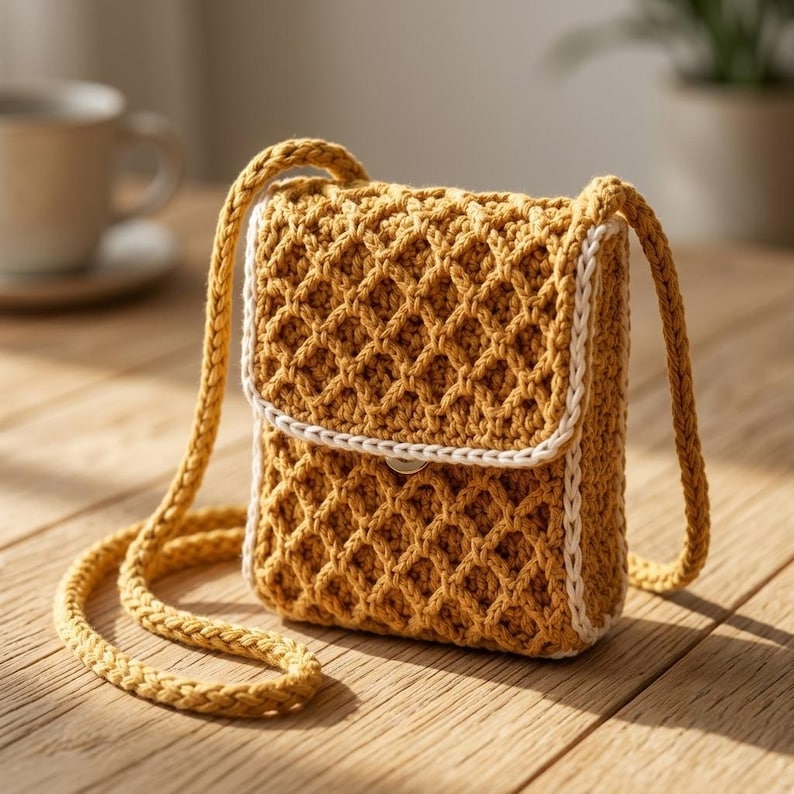 May include: A mustard yellow crochet crossbody bag featuring a diamond-patterned texture, a fold-over flap, and a long braided strap. The edges of the bag and the flap are trimmed with a thin white crocheted border, and a small button is visible.