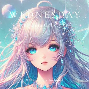 May include: Digital art of a female anime character with long, flowing silver hair and striking blue eyes. The image features the text "WEDNESDAY" and "The Aura Collection", with the words "8 Wallpapers Included" at the bottom. The color palette is soft, with shades of blue, pink, and white.
