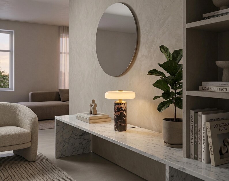 May include: A modern interior scene featuring a marble-topped console table with a decorative lamp. The lamp has a cylindrical base with a marble pattern and a round, white shade. A round mirror hangs on the wall above the table.