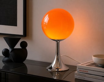 Space Age Orange Globe Table Lamp, Mid-Century Retro Chrome Desk Light, Vintage Style Glass Sphere Lamp, 70s Pop Art Decor