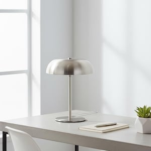 Könnte beinhalten: Eine Schreibtischlampe aus gebürstetem Metall mit rundem Schirm und schlankem Stiel. Die Lampe steht auf einem grauen Schreibtisch neben einem Notizbuch, einem Stift und einer kleinen Topf-Sukkulente. Der Hintergrund ist eine weiße Wand und ein Fenster.