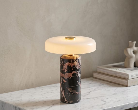 Cordless Marble Table Lamp, Rechargeable LED Desk Light, Modern Touch Bedside Lamp, Black Marble Decor, Glass Shade Nightlight, Luxury Lamp