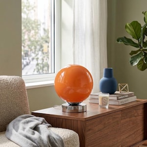 Retro Orange Globe Lamp, Mid Century Modern Desk Light, 70s Space Age Bedside Lamp, Warm Ambient Lighting, Aesthetic Room Decor