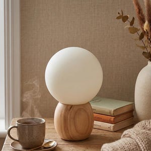 Minimalist Wood Globe Table Lamp, Japandi Aesthetic Bedside Light, Frosted Glass Sphere Nightlight, Nordic Style Round Wood Lamp, Zen Deco