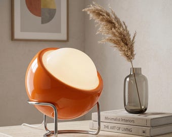 Retro Space Age Lamp, Orange Bauhaus Table Lamp, Mid Century Modern Desk Light, 70s Chrome Bedside Lamp, Pop Art Room Decor, Funky Light