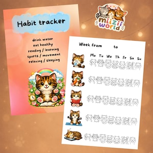 Könnte beinhalten: Ein Gewohnheitstracker-Notizbuch mit einer niedlichen Katzenillustration und dem Text "Habit tracker". Der Tracker enthält Aufforderungen zum Wassertrinken, gesunder Ernährung, Lesen, Sport und Entspannen. Ein Aufkleber mit drei Katzen ist ebenfalls sichtbar.