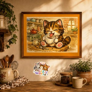 Könnte beinhalten: Ein gerahmter Kunstdruck mit einer braunen getigerten Katze, die eine weiße Tasse hält und die Zunge herausstreckt, in einer Küche. Unter dem Rahmen befindet sich ein Aufkleber mit drei Kätzchen und dem Text Miizii world in bunten Buchstaben.