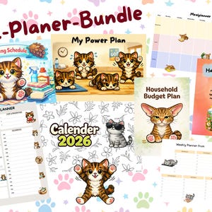 Peut inclure: Un ensemble de planificateurs et d'horaires illustrés avec des chats de dessins animés. Le "XXL-Planer-Bundle" comprend un calendrier de nettoyage, un planificateur quotidien, un planificateur de repas, un suivi des habitudes et un calendrier 2026. Les dessins incorporent des illustrations de chats ludiques.