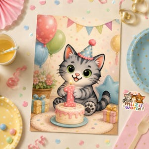 First Birthday Cat Poster, Cute Birthday Print, 1st Birthday Decoration, Birthday Wall Art, Kids Party Decor, DIY | Digital Download