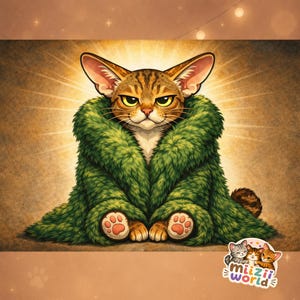 Könnte beinhalten: Eine digitale Illustration einer braunen getigerten Katze mit großen Ohren und strengem Gesichtsausdruck, eingehüllt in einen dicken, strukturierten grünen Kunstpelzmantel. Die Katze hat sichtbare rosa Pfotenballen vor einem leuchtenden Hintergrund.